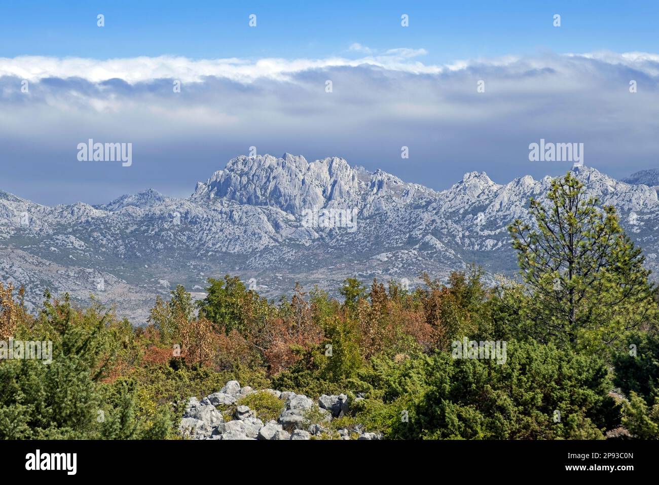 View over Velebit, largest mountain range in Croatia and part of the Dinaric Alps / Dinarides along the Adriatic coast Stock Photo