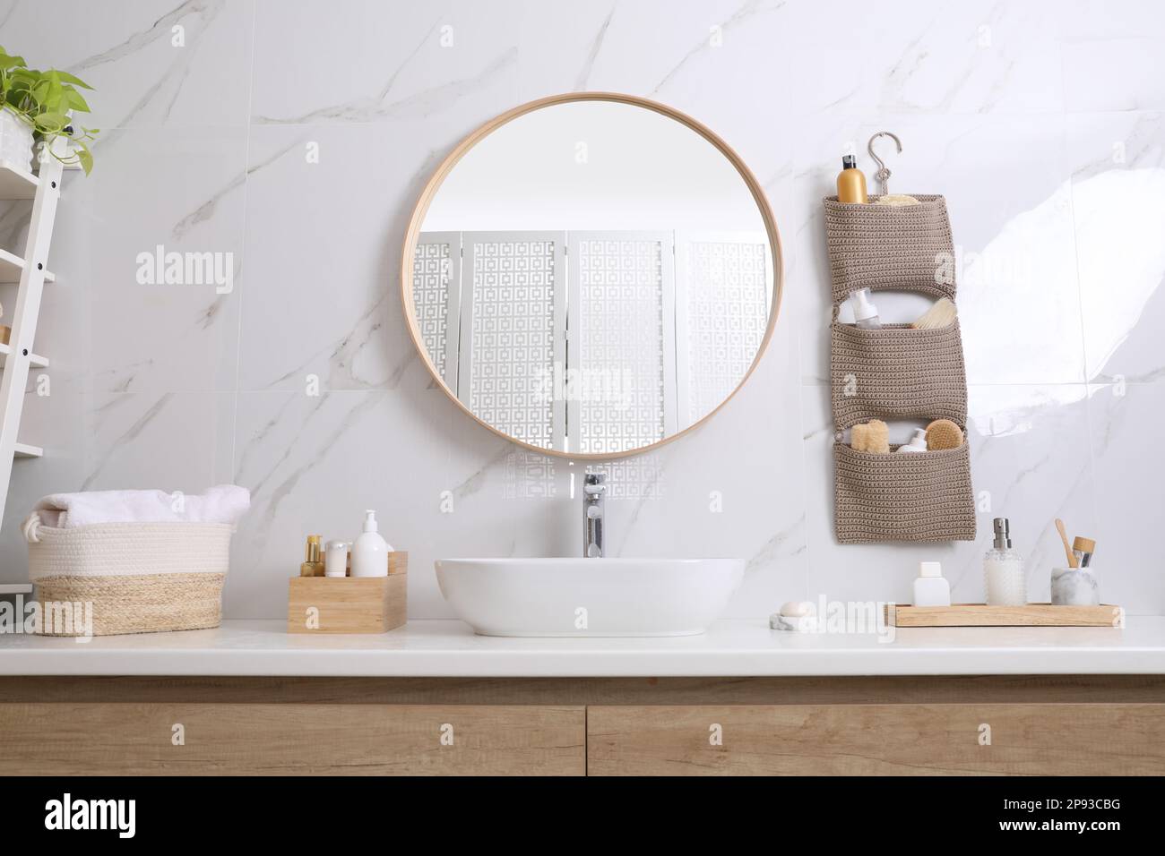 Bathroom interior with essentials and stylish accessories Stock Photo ...