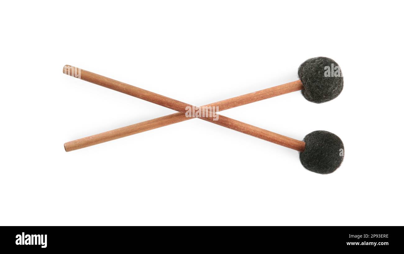Wooden bass drumsticks on white background, top view Stock Photo Alamy