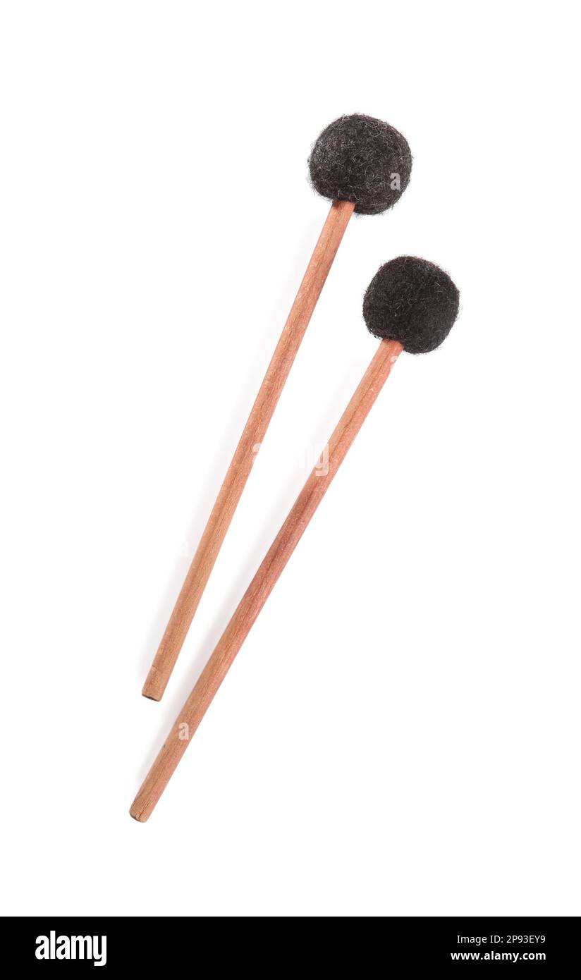 Wooden bass drumsticks on white background, top view Stock Photo Alamy