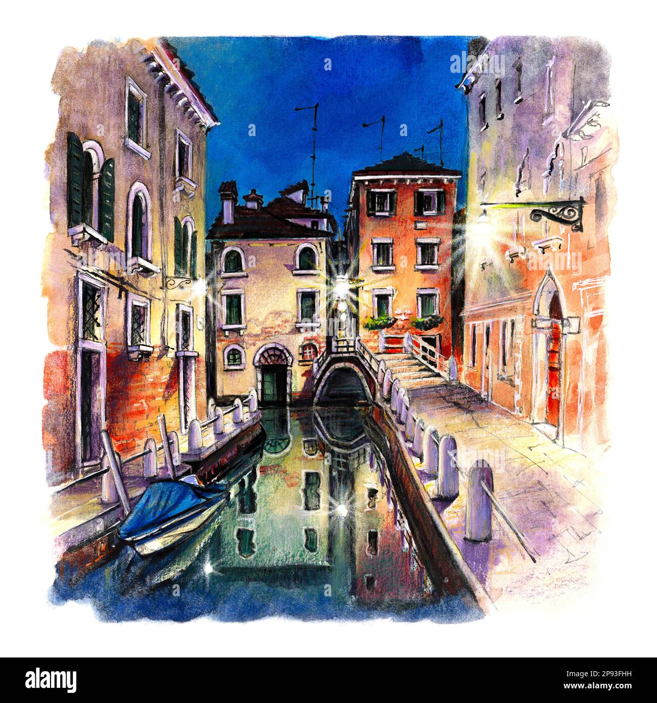 Watercolor sketch of typical venetian canal with bright houses in Venice, Italy. Stock Photo