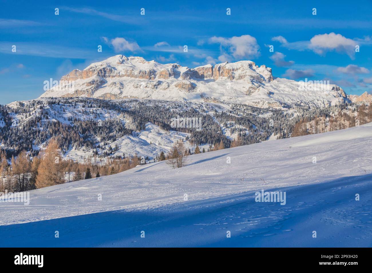 Italy, Veneto and South Tyrol, the east side of Sella mountain range in winter between provinces of Belluno and Bolzano, Dolomites Stock Photo