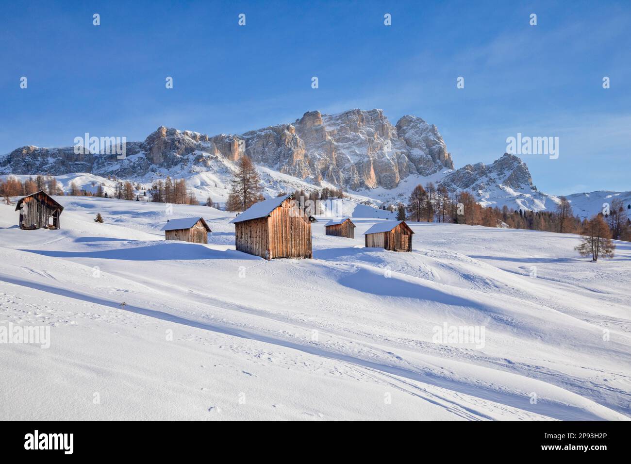Italy, Veneto, province of Belluno, Livinallongo del Col di Lana, Mont da Contrin, old wooden barns on snowy pastures at the foot of the Setsas mountain range, Dolomites Stock Photo