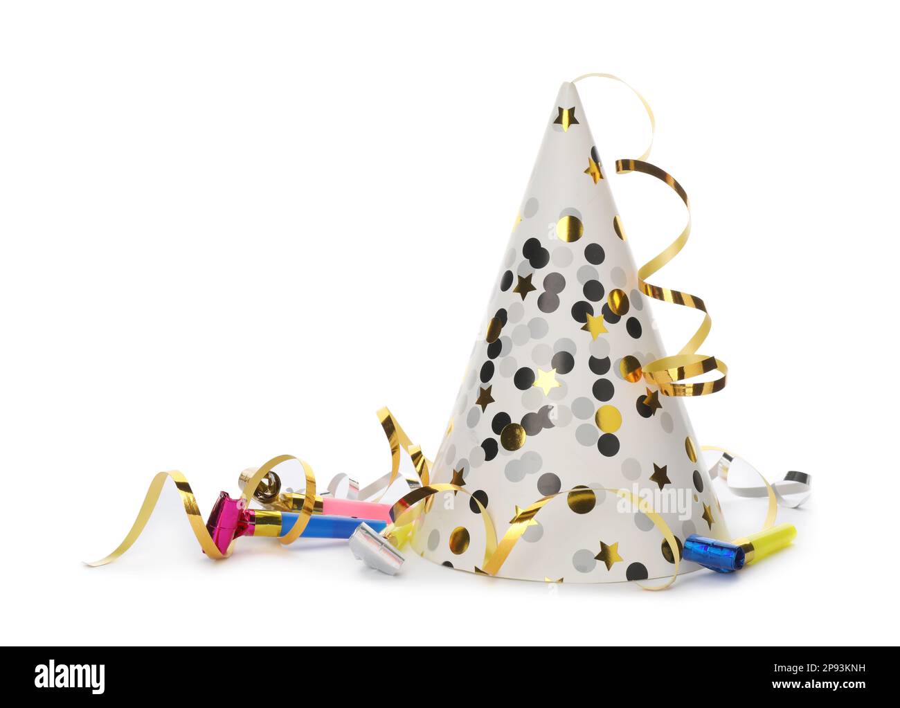 Party hat, blowers and confetti streamers on white background Stock ...
