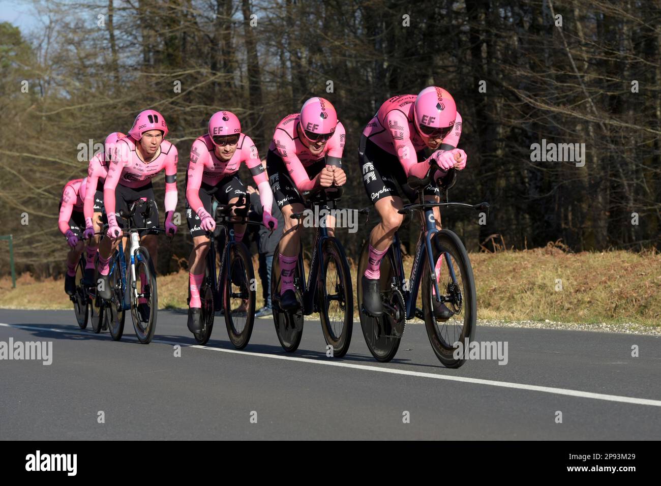 MARCH 2023: View on the cyclist team EF Education Easypost during the team time trial of the professionnal cycling race PARS NICE 2023 Stock Photo