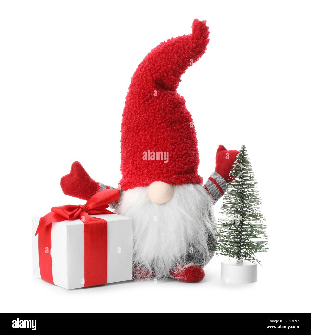 Funny Christmas gnome with tree and gift box on white background Stock ...