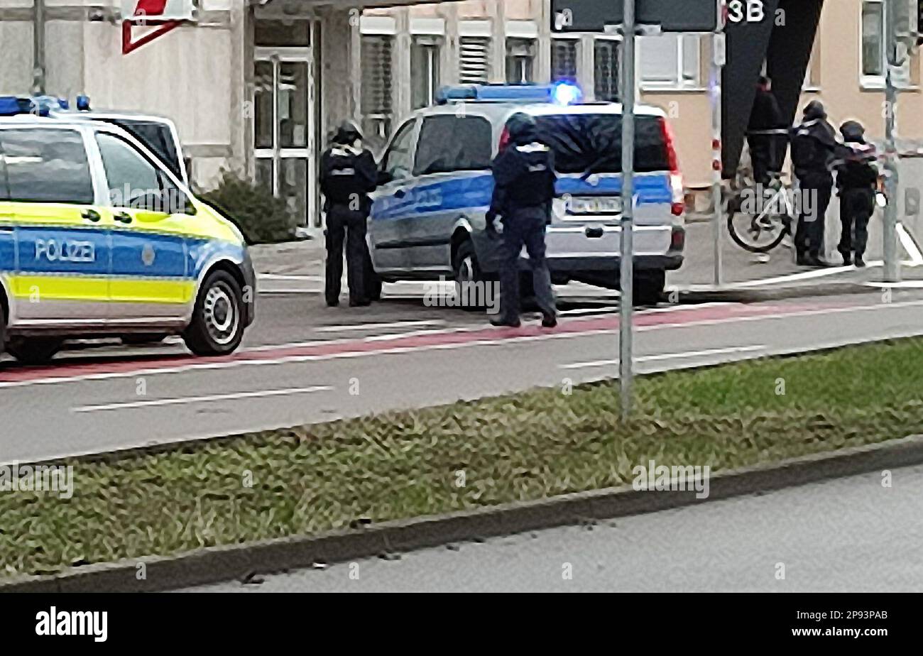 Karlsruhe, Germany. 10th Mar, 2023. Police officers are on duty in Karlsruhe. One or more hostages had been taken in a pharmacy. Credit: Thomas Riedel/dpa/Alamy Live News Stock Photo