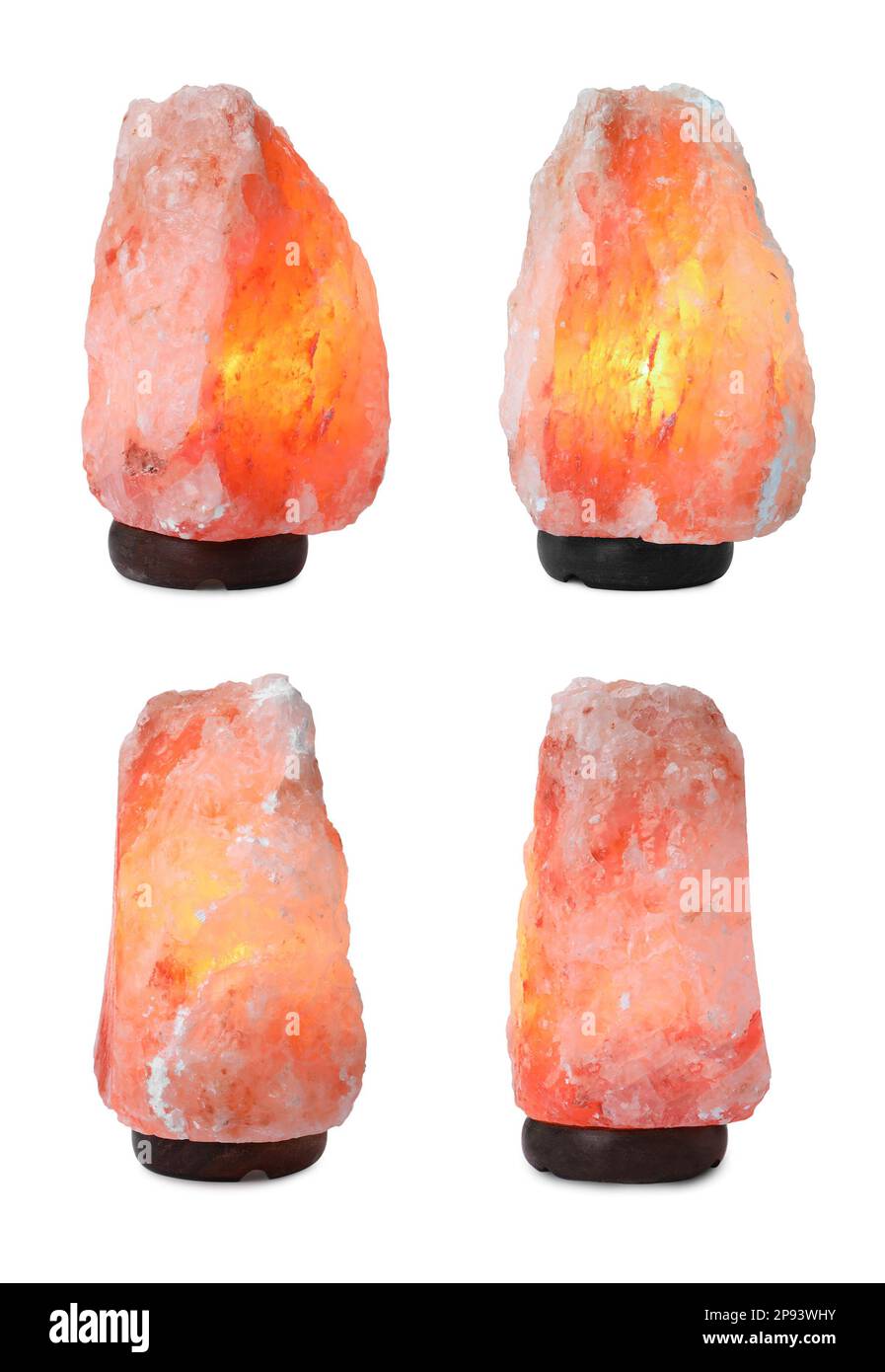 Set with pink Himalayan salt lamps on white background Stock Photo Alamy