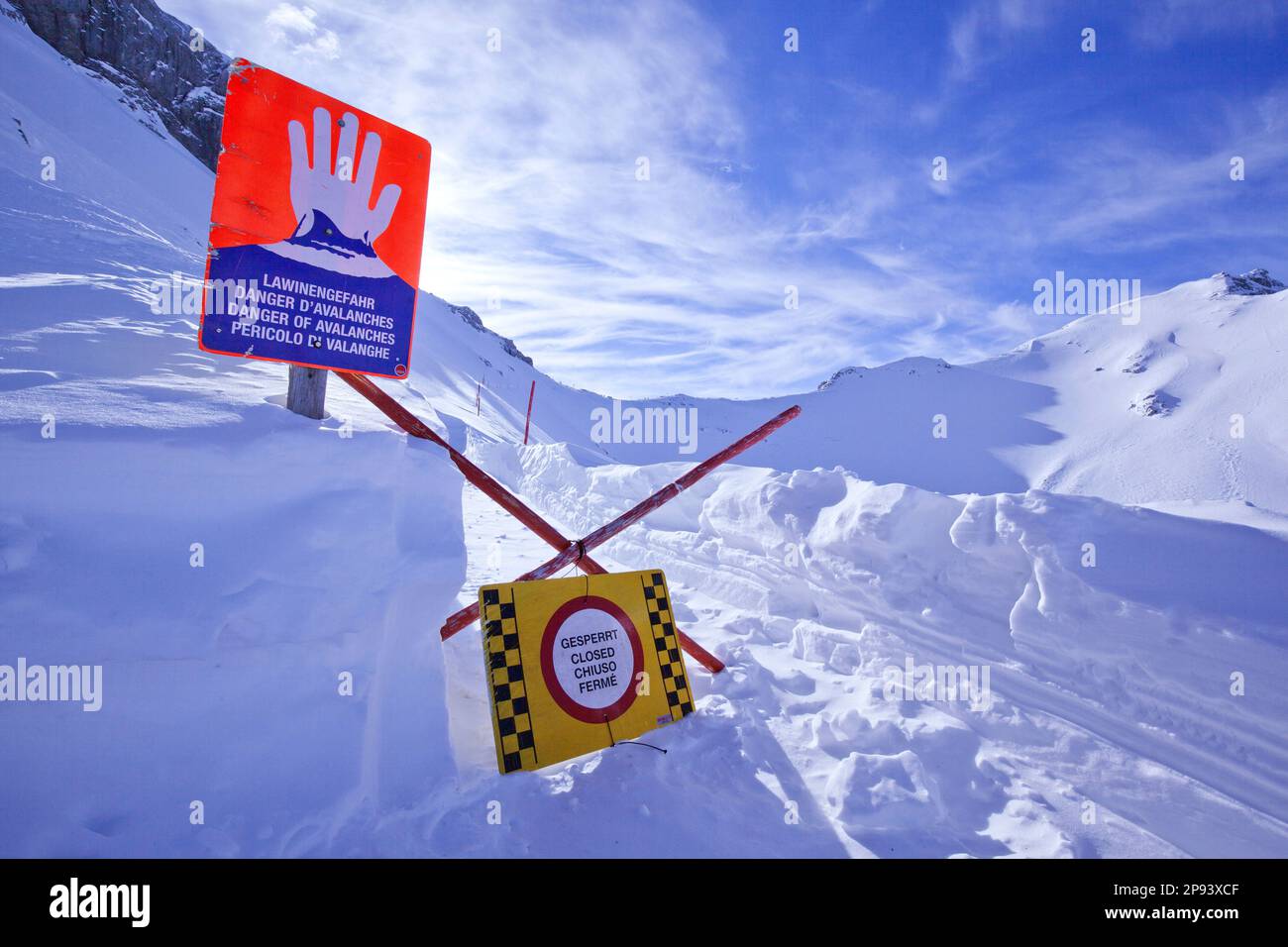 Closed off due to avalanche danger on the Passamani circular trail, winter in the Karwendel mountains Stock Photo