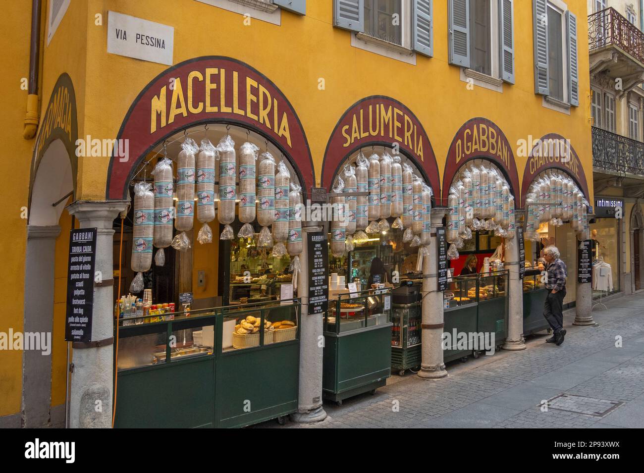 Switzerland, Ticino Canton, Lugano, butcher's cured meat shop, Italian deli, restaurant, bar