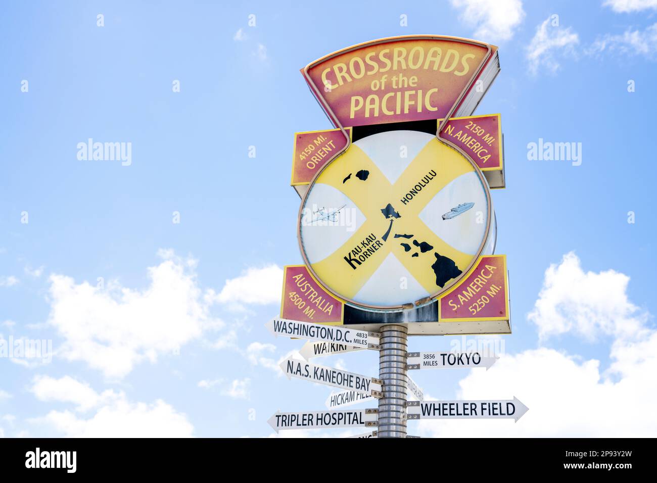 Sign with distances to continents and cities in all directions, Pearl