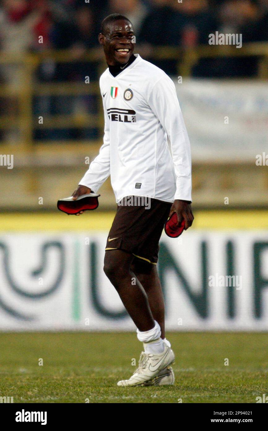 Inter Milan forward Mario Balotelli smiles at the end of a Serie A soccer  match against Bologna at the Dall'Ara stadium in Bologna, Italy, Saturday,  Feb.21, 2009. Inter won 2-1. (AP Photo/Luca