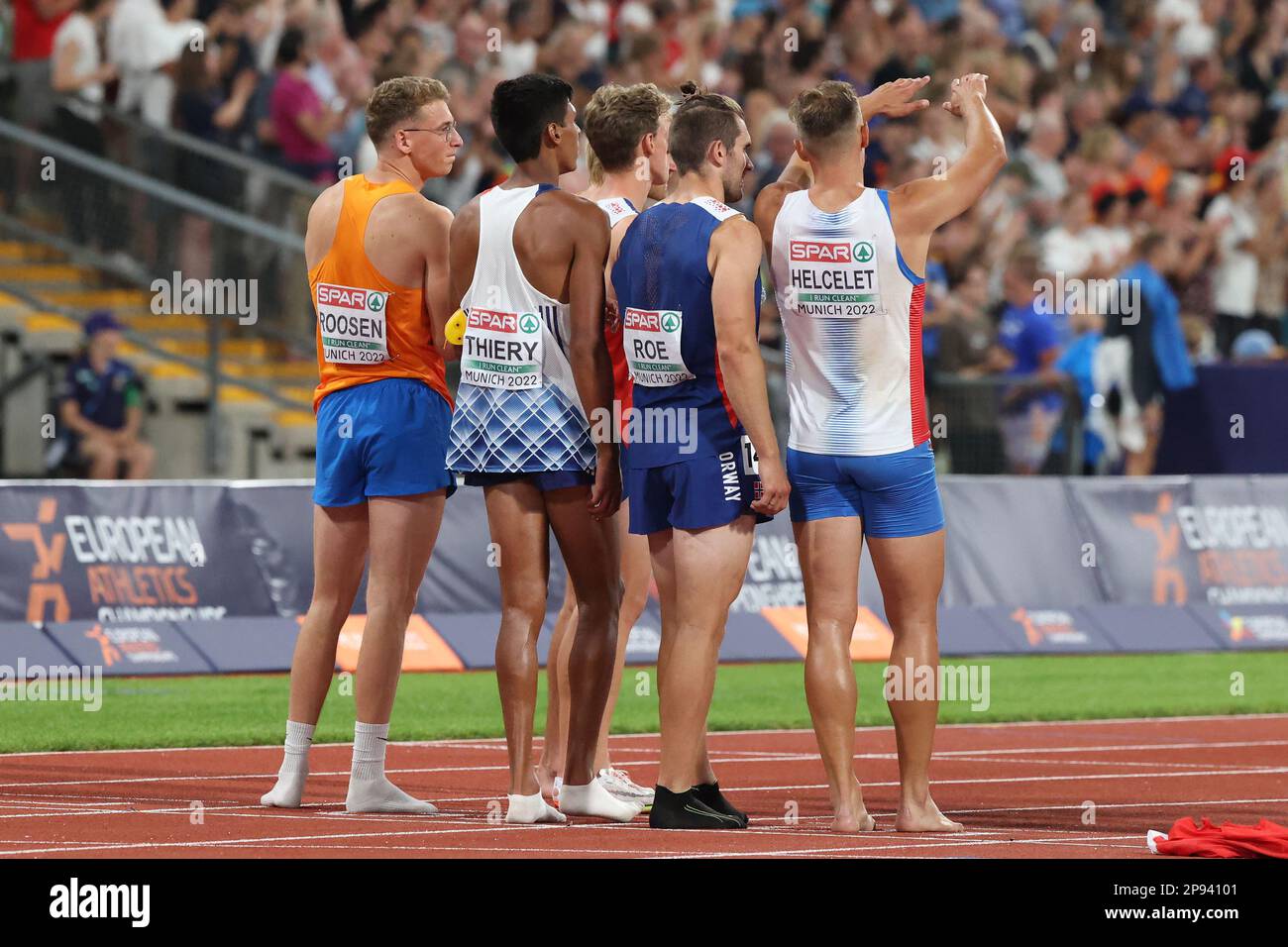 Martin ROE, Adam Sebastian HELCELET, Baptiste THIERY & Sven ROOSEN looking into the crowd at the European Athletics Championship 2022 Stock Photo