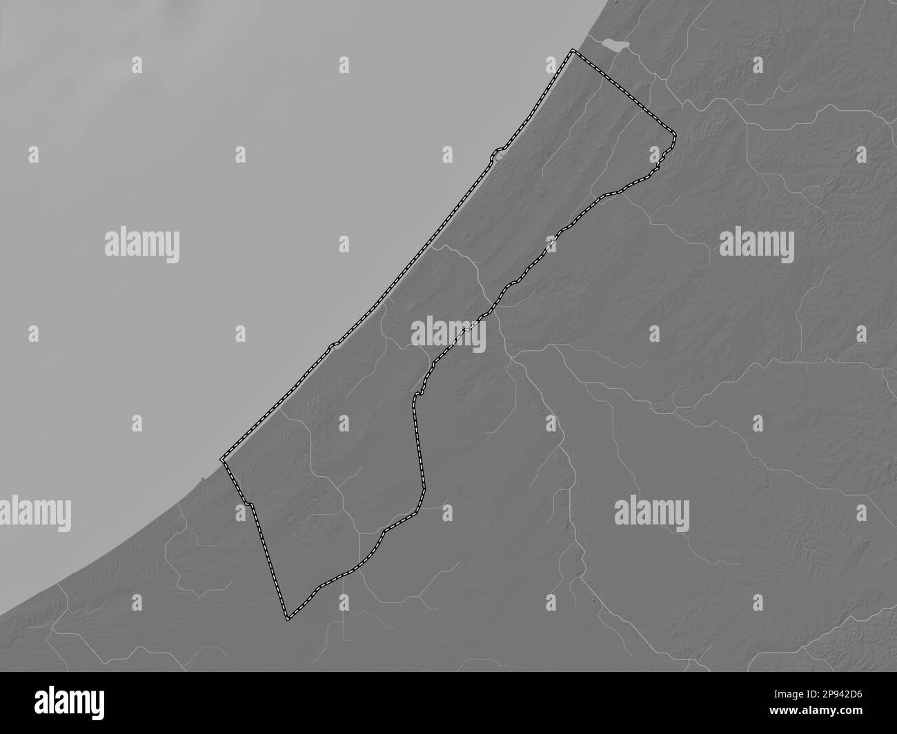 Gaza Strip, region of Palestine. Bilevel elevation map with lakes and rivers Stock Photo