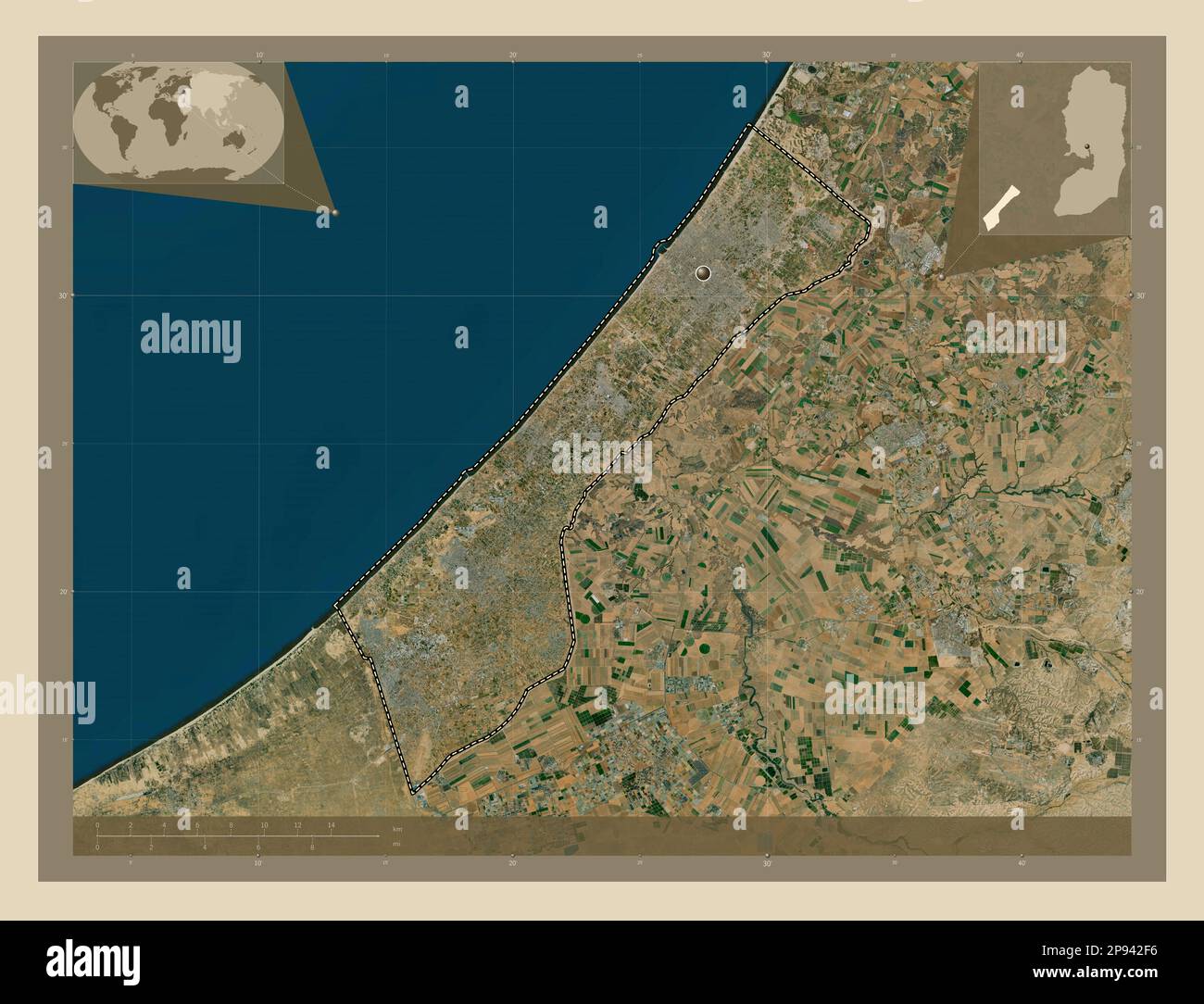 Gaza Strip, region of Palestine. High resolution satellite map. Corner
