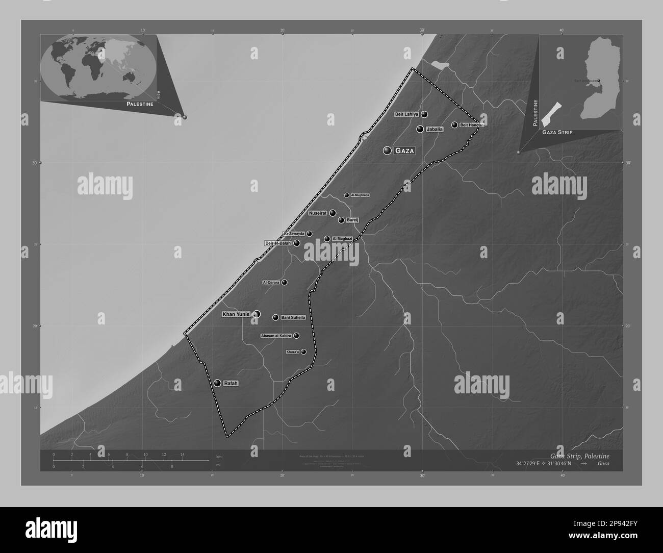 Gaza Strip, region of Palestine. Grayscale elevation map with lakes and rivers. Locations and names of major cities of the region. Corner auxiliary lo Stock Photo