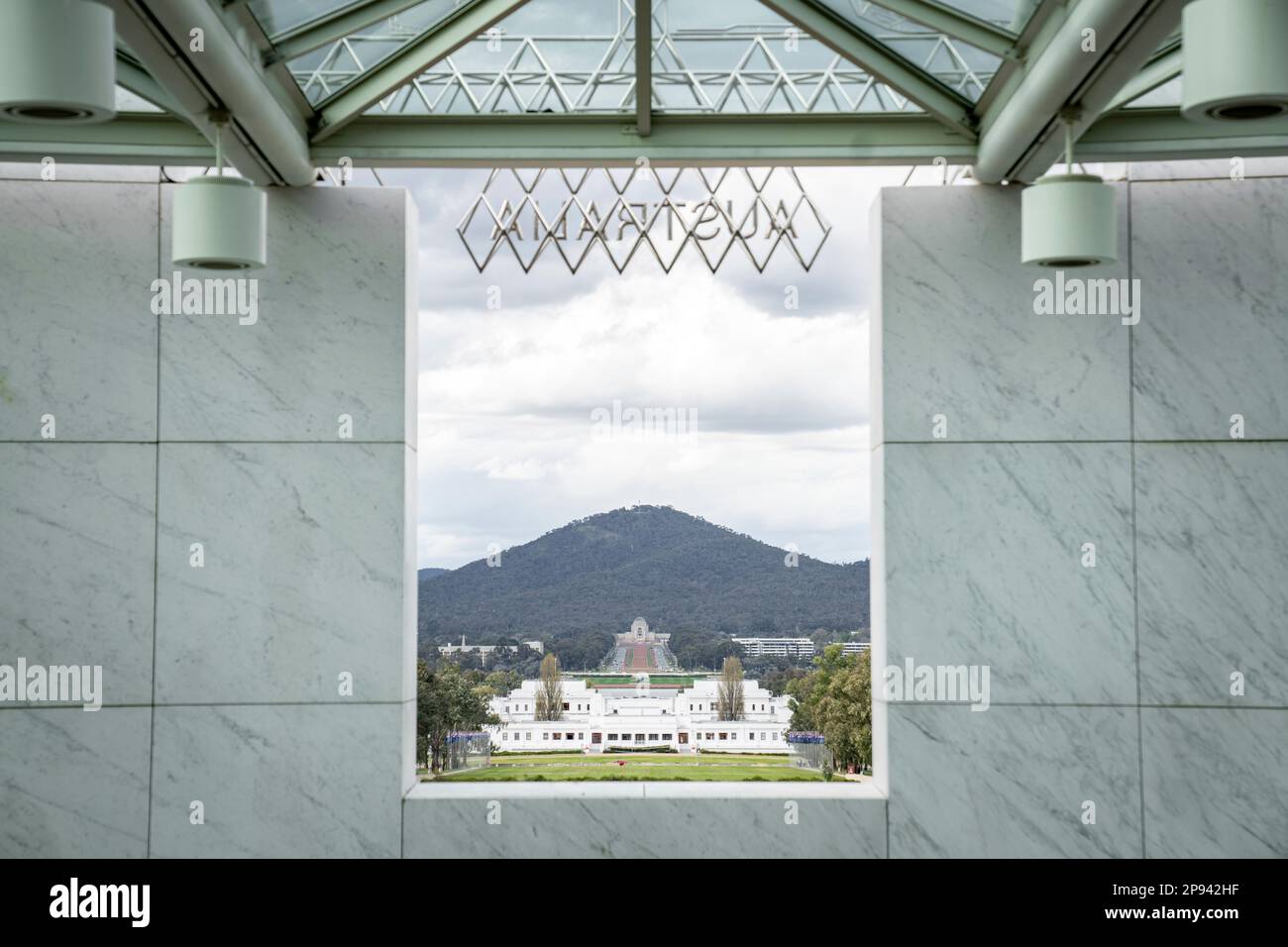 View from the Australian Parliament Building to the Old Parliament opposite, Capital Hill, Canberra, Capital Territory, Australia. Stock Photo