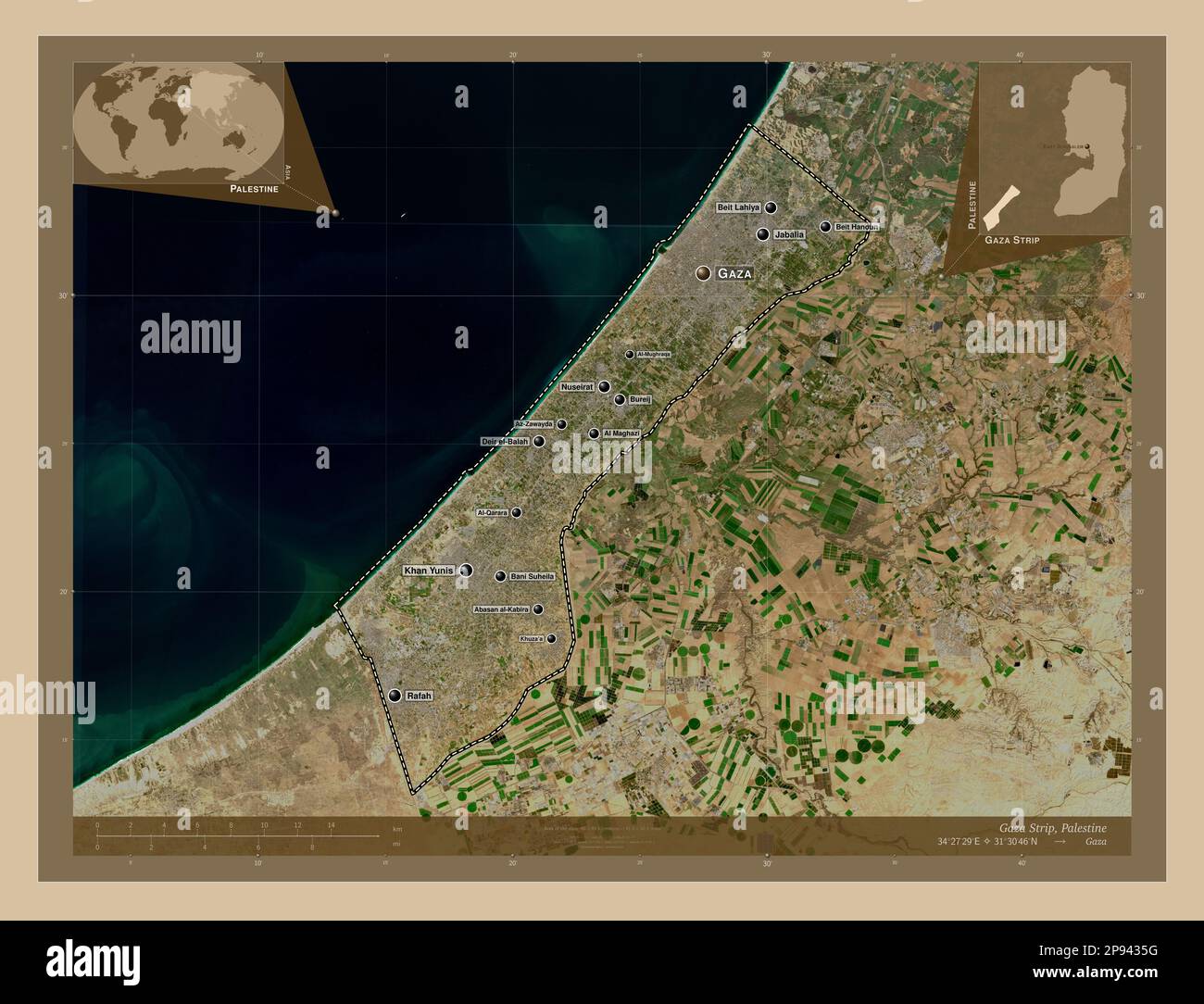 Gaza Strip, region of Palestine. Low resolution satellite map. Locations and names of major cities of the region. Corner auxiliary location maps Stock Photo
