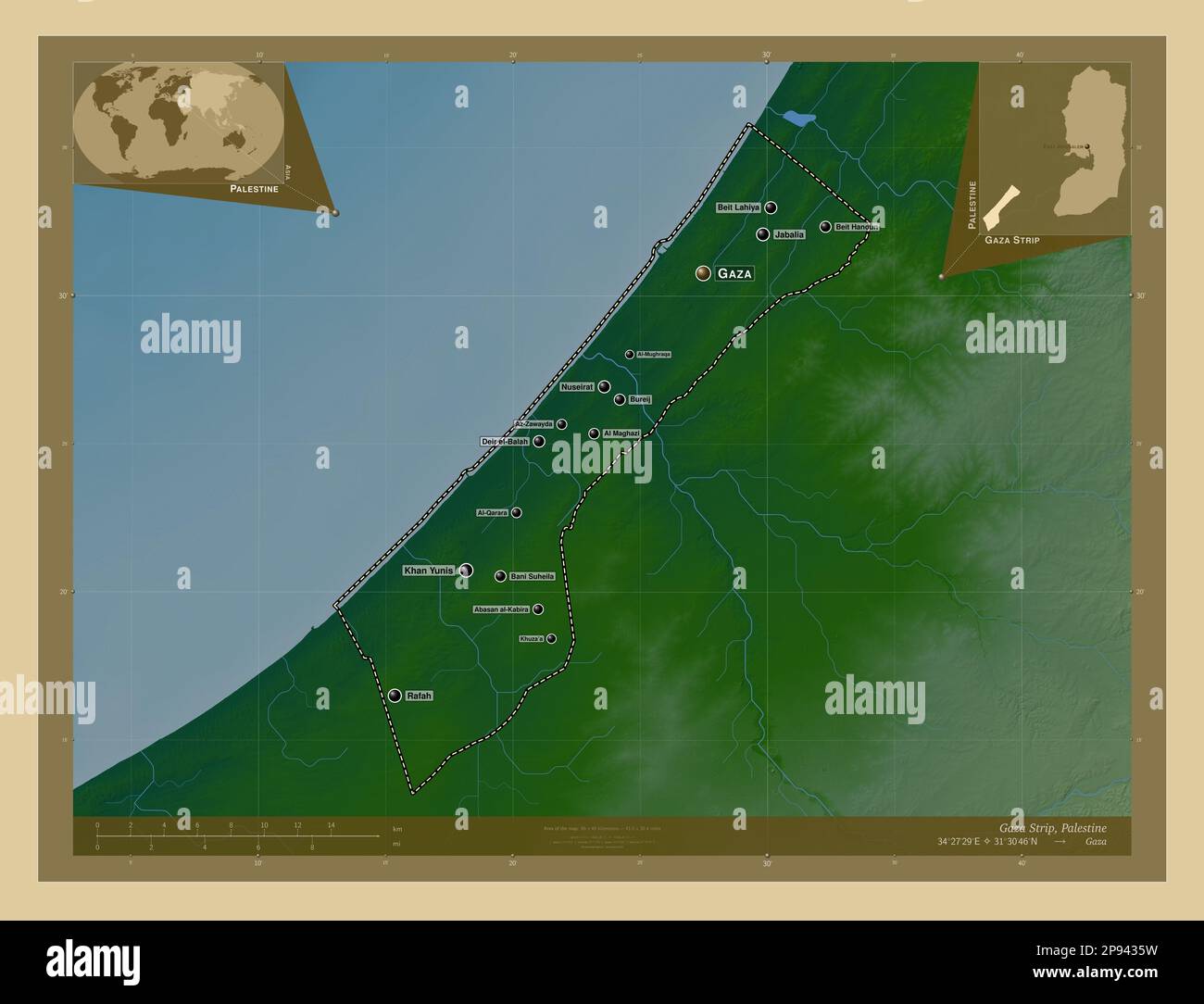 Gaza Strip, region of Palestine. Colored elevation map with lakes and rivers. Locations and