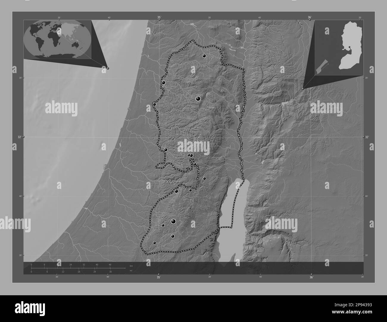 West Bank, region of Palestine. Bilevel elevation map with lakes and