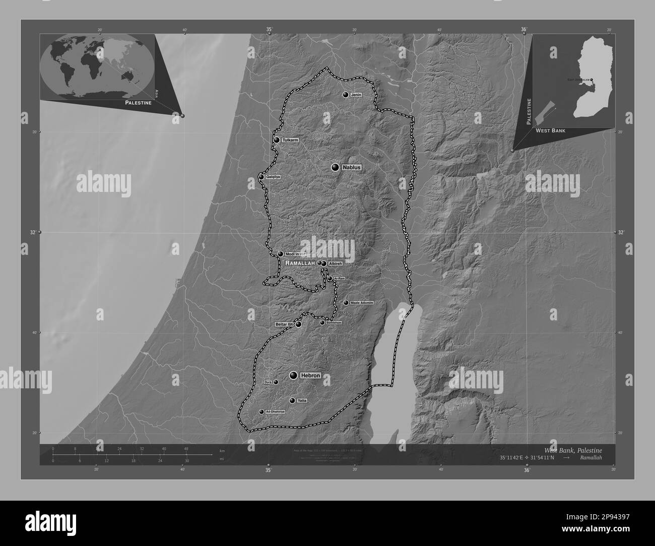 West Bank, region of Palestine. Bilevel elevation map with lakes and