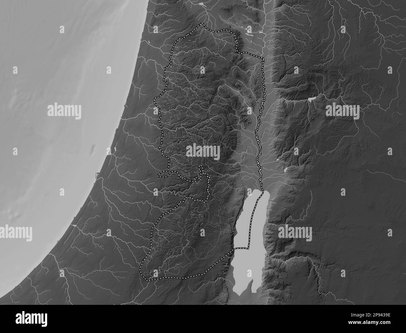 West Bank, region of Palestine. Grayscale elevation map with lakes and