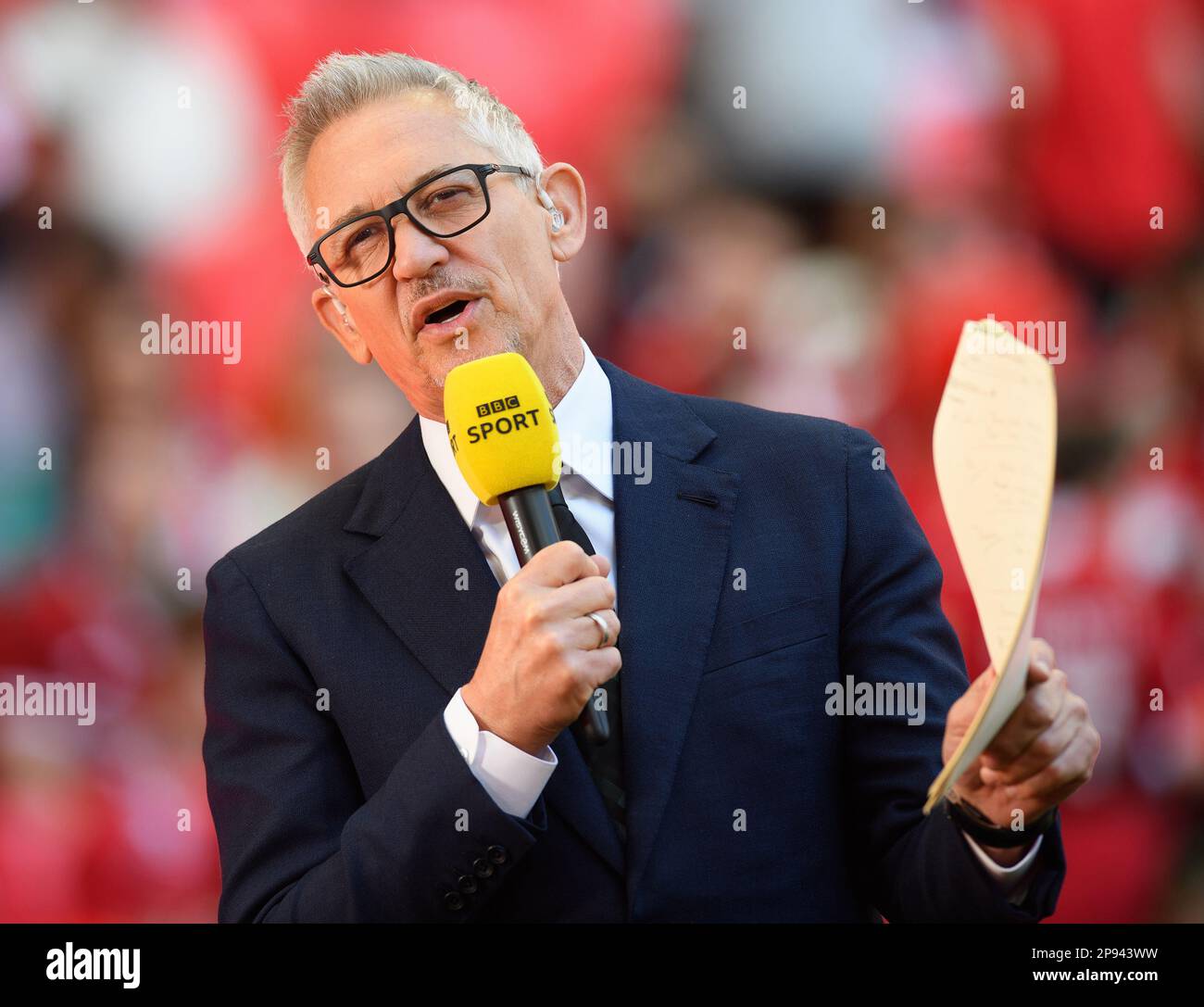 London, UK. 10th Mar, 2023. **** FILE PHOTO ***** 16 April 2022 - Manchester City v Liverpool - FA Cup Semi-Final - Wembley Stadium BBC TV Presenter and footballer Gary Lineker during the FA Cup Semi-Final at Wembley Picture Credit: Mark Pain/Alamy Live News Stock Photo