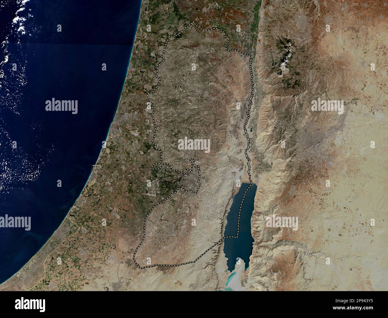 West Bank, region of Palestine. Low resolution satellite map Stock