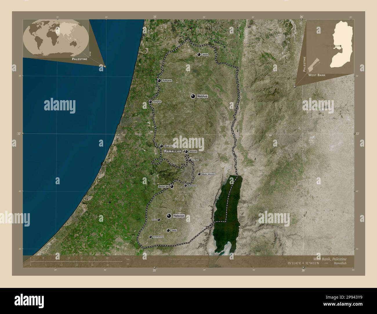 West Bank, region of Palestine. High resolution satellite map