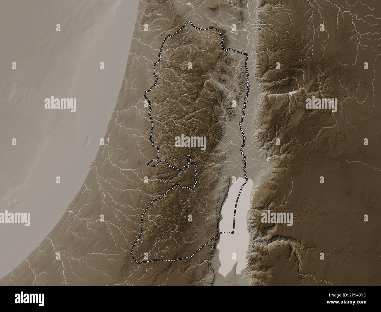 West Bank, region of Palestine. Elevation map colored in sepia tones
