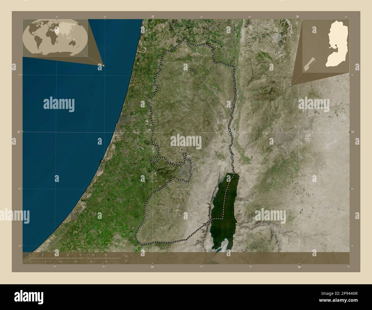 West Bank, region of Palestine. High resolution satellite map. Corner ...