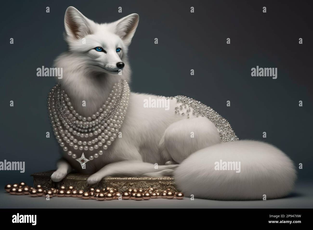 White fluffy fox in a pearl necklace lies on pearls and looks to the