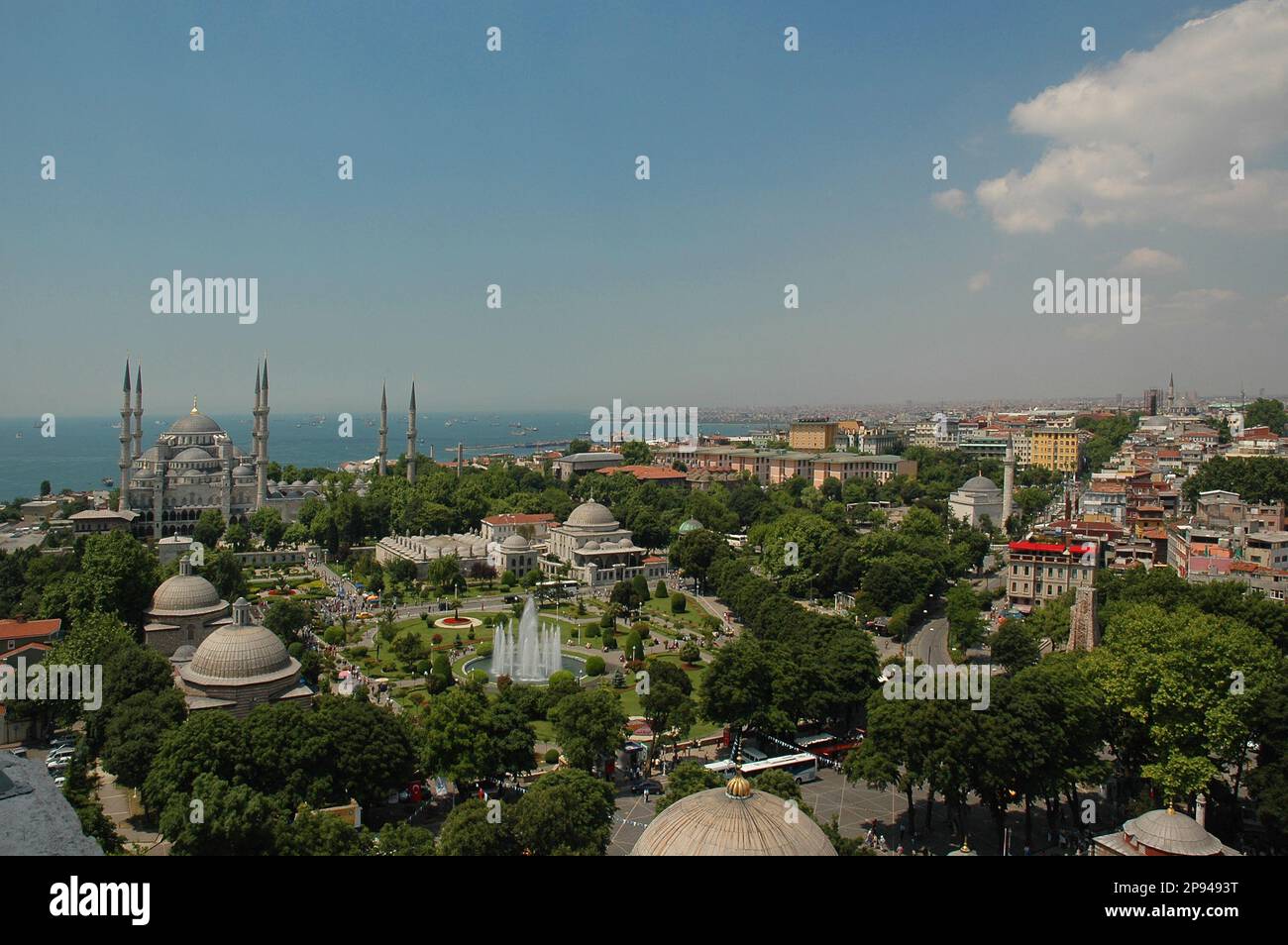 Blue Mosque and Square view from Hagia Sophia minaret aerial view Stock ...