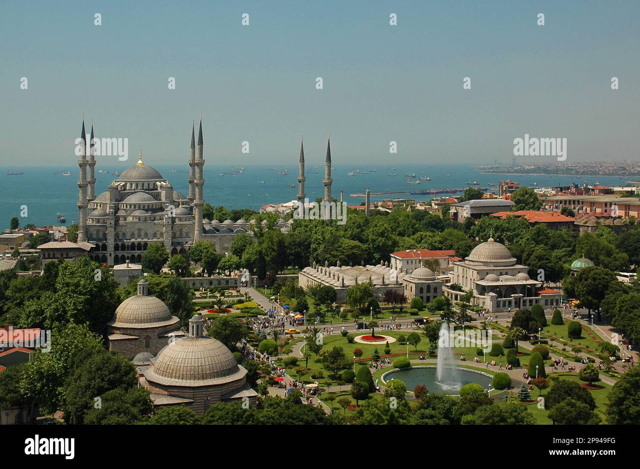 Blue Mosque and Square view from Hagia Sophia minaret aerial view Stock ...