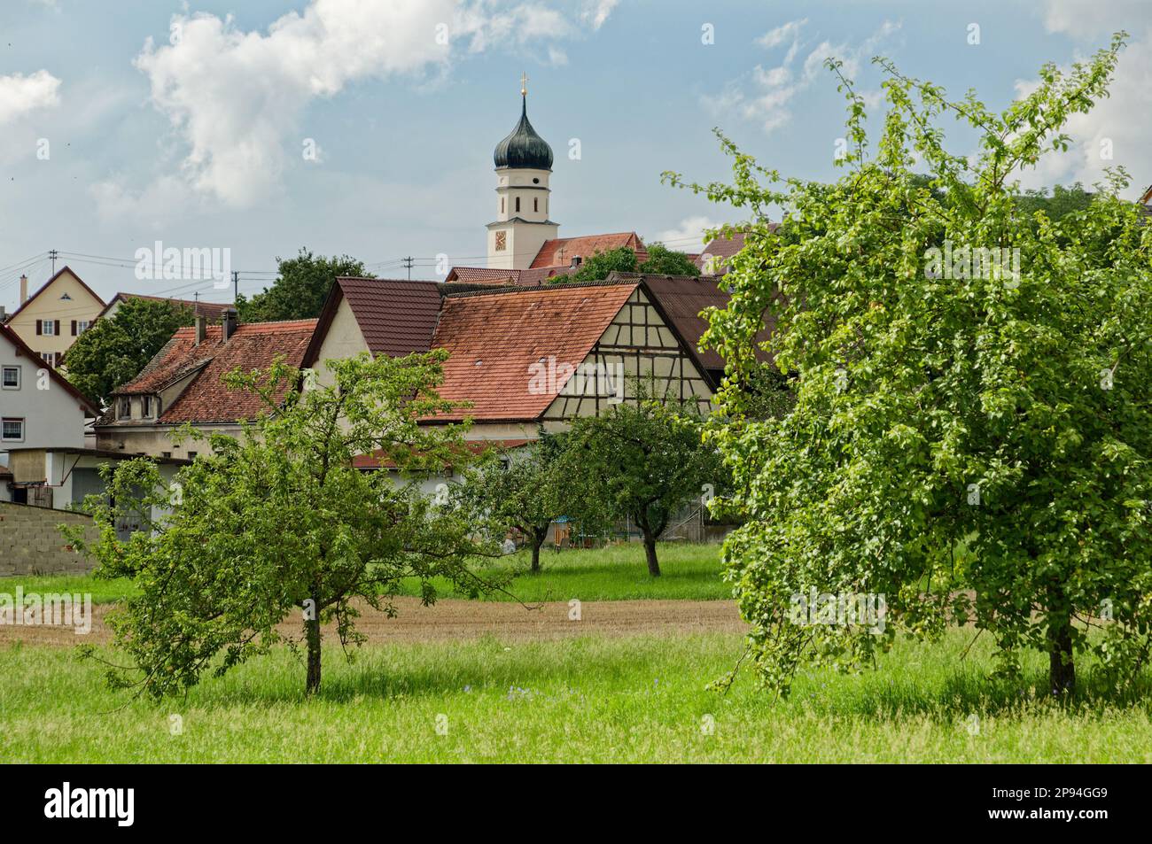 An idyllic rural scene featuring a German village in the backdrop