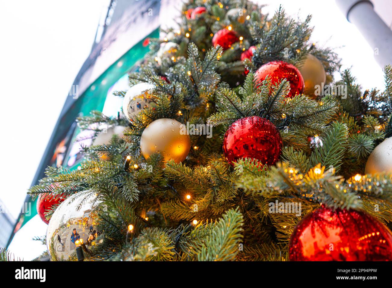 Decorated Christmas Tree in Rainy Day, Christmas Decorations, Shiny Garland on Green Branches, Blurred Xmas Background with Copy Space Stock Photo