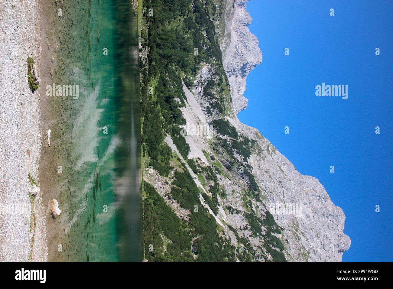 Austria, Tyrol, Ehrwald, Seebensee, water surface, lake, mountain lake, mountain landscape, mountain massif, Stock Photo