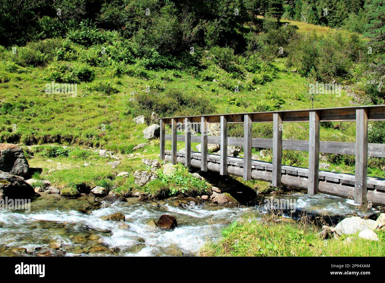 Wooden bridge over the Fotscher Bach on the way to the Potsdamer Hütte in the Fotschertal Sellrain, Innsbruck, Tyrol, Austria Stock Photo