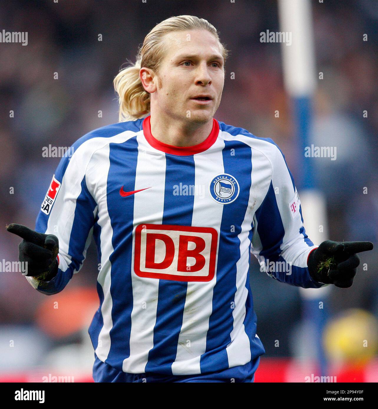 Berlin's Andrej Voronin, celebrates his side's opening goal during a German  first division Bundesliga soccer match between Hertha BSC Berlin and FC  Bayern Munich in Berlin, Germany, Saturday, Feb. 14, 2009. Berlin