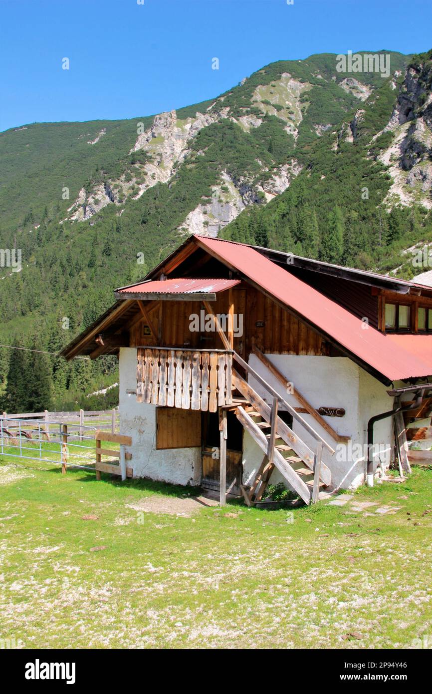 Outbuilding of the Eppzirler Alm, WC, near Scharnitz, Giessenbach, Karwendel Mountains, Tyrol, Austria Stock Photo