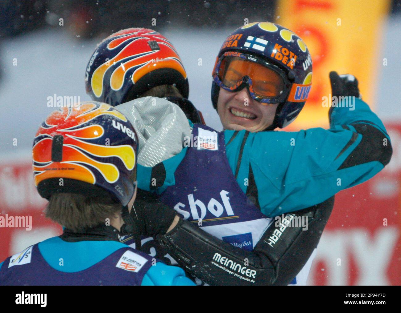 Finland's Harri Olli, right, celebrates with his teammates after winning of  the Ski Jumping World Cup in Oberstdorf, southern Germany, on Saturday,  Feb. 14, 2009. (AP Photo/Matthias Schrader Stock Photo - Alamy