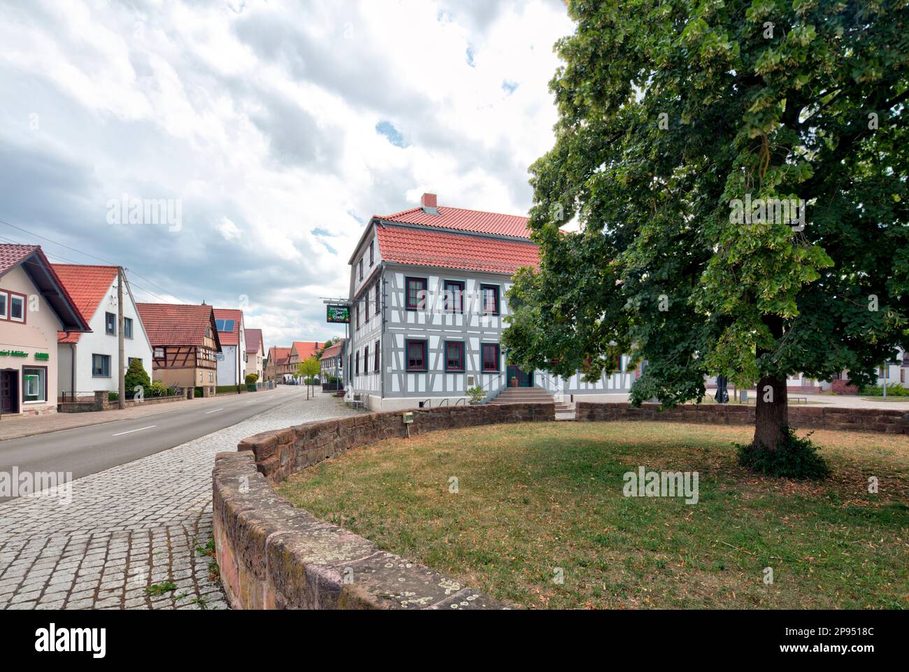 Inn, Zur Linde, half-timbered house, house facade, half-timbering, historical, Breitungen, Werra, Thuringia, Germany, Stock Photo