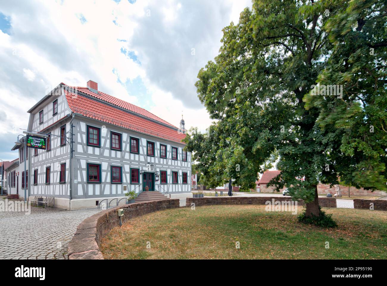 Inn, Zur Linde, half-timbered house, house facade, half-timbering, historical, Breitungen, Werra, Thuringia, Germany, Stock Photo