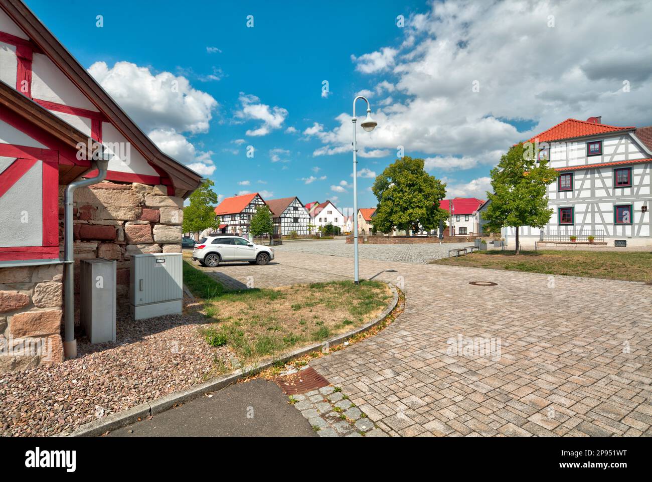 Inn, Zur Linde, marketplace, house facade, half-timbered, historical, Breitungen, Werra, Thuringia, Germany, Stock Photo