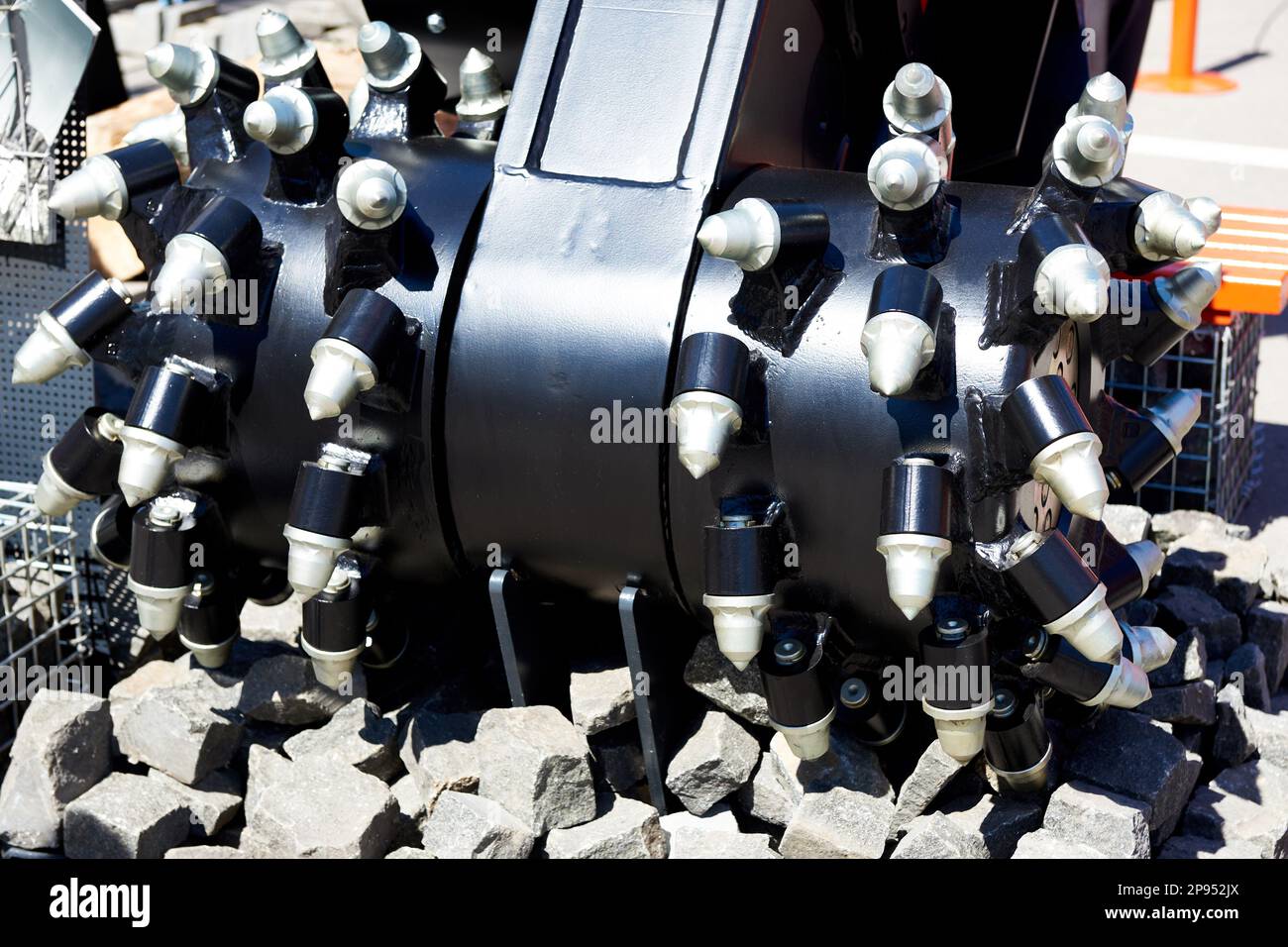 Cutter Heads. Double drum rotary cutters. Excavator attachments Stock