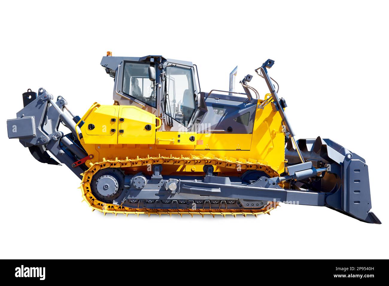 Bulldozer with blade and ripper isolated white Stock Photo