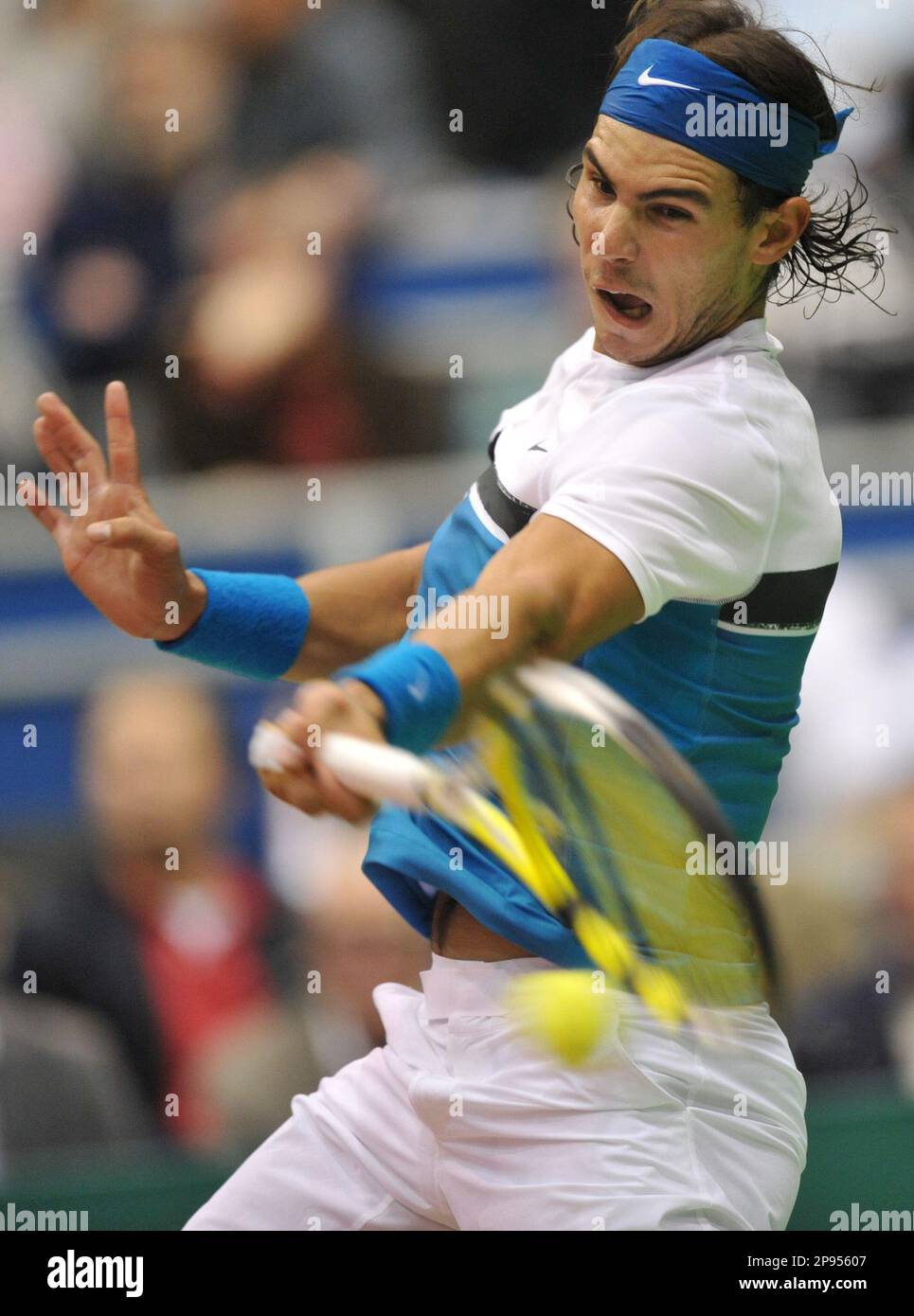 Rafael Nadal of Spain returns the ball to Grigor Dimitrov from Bulgaria at the ABN Amro tennis tournament at AHOY stadium in Rotterdam, Netherlands, Thursday , Feb