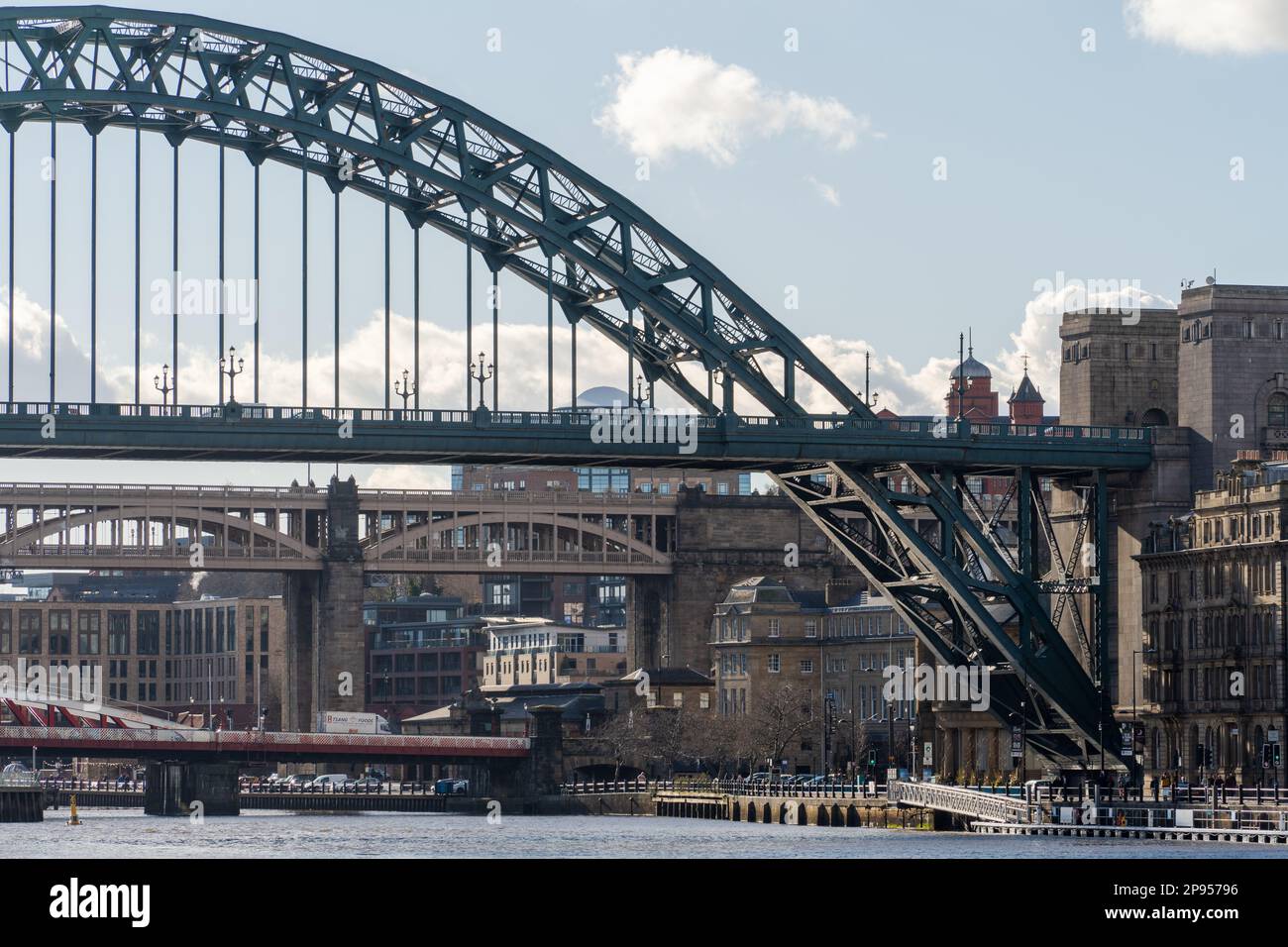 A view of the bridges over the River Tyne in Newcastle upon Tyne, UK, including the Tyne Bridge. Stock Photo