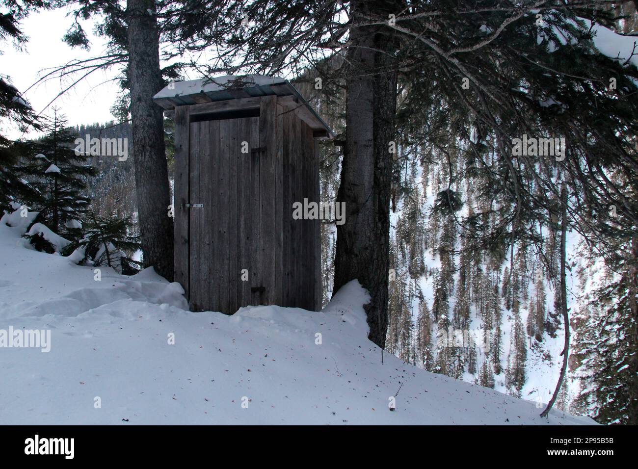 Winter hike near Mittenwald, WC, toilet cottage in the forest, Europe, Germany, Bavaria, Upper Bavaria, Isar Valley, Werdenfelser Land, cottage in the forest Stock Photo