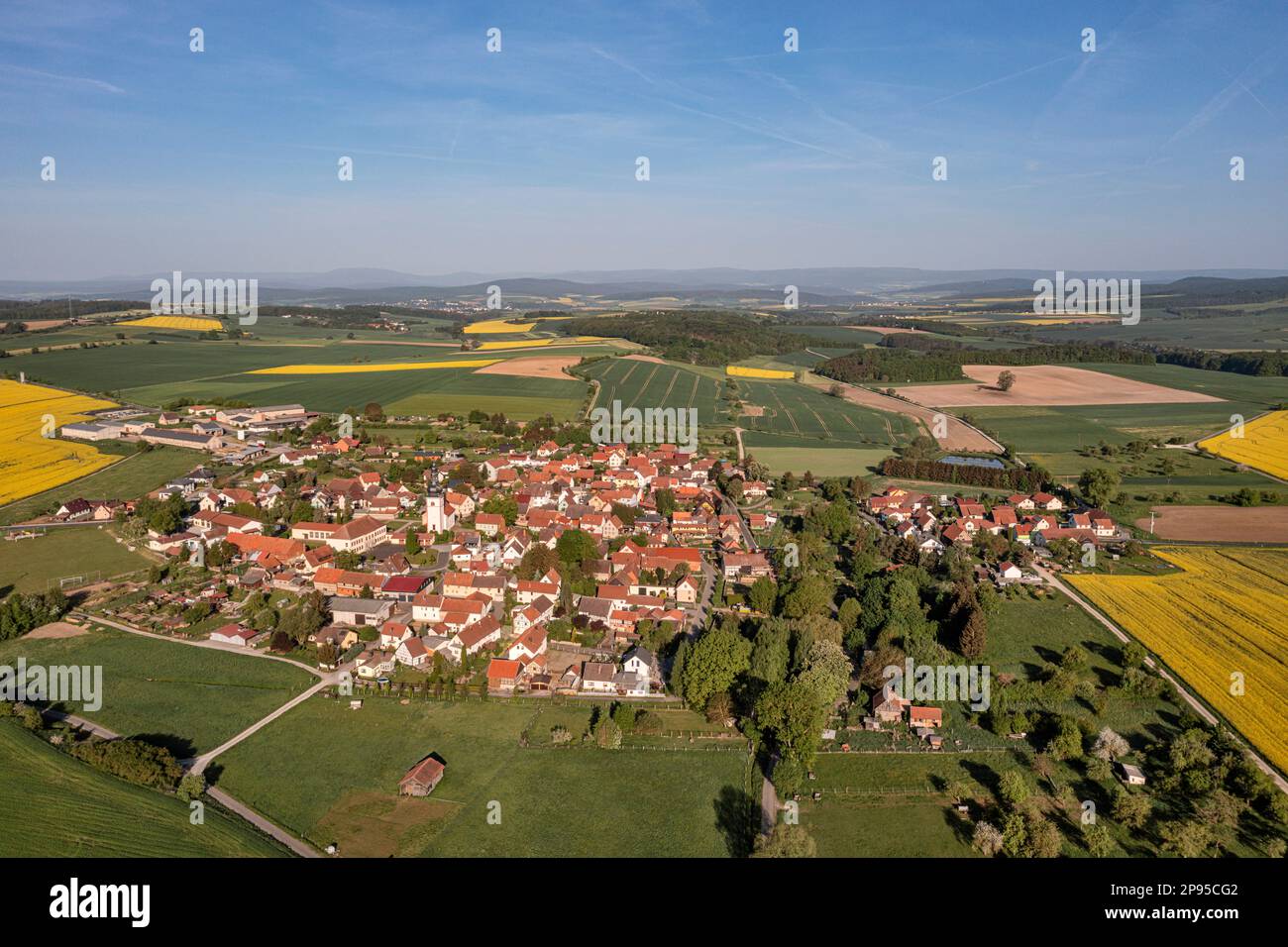Germany, Thuringia, Grabfeld, Berkach, village, fields, rape fields, overview, aerial photo Stock Photo